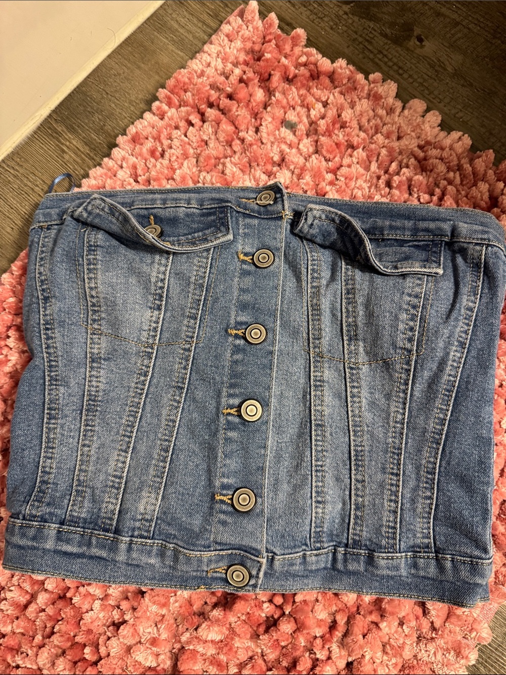 Denim Button-Front Strapless Tube Top - Blue